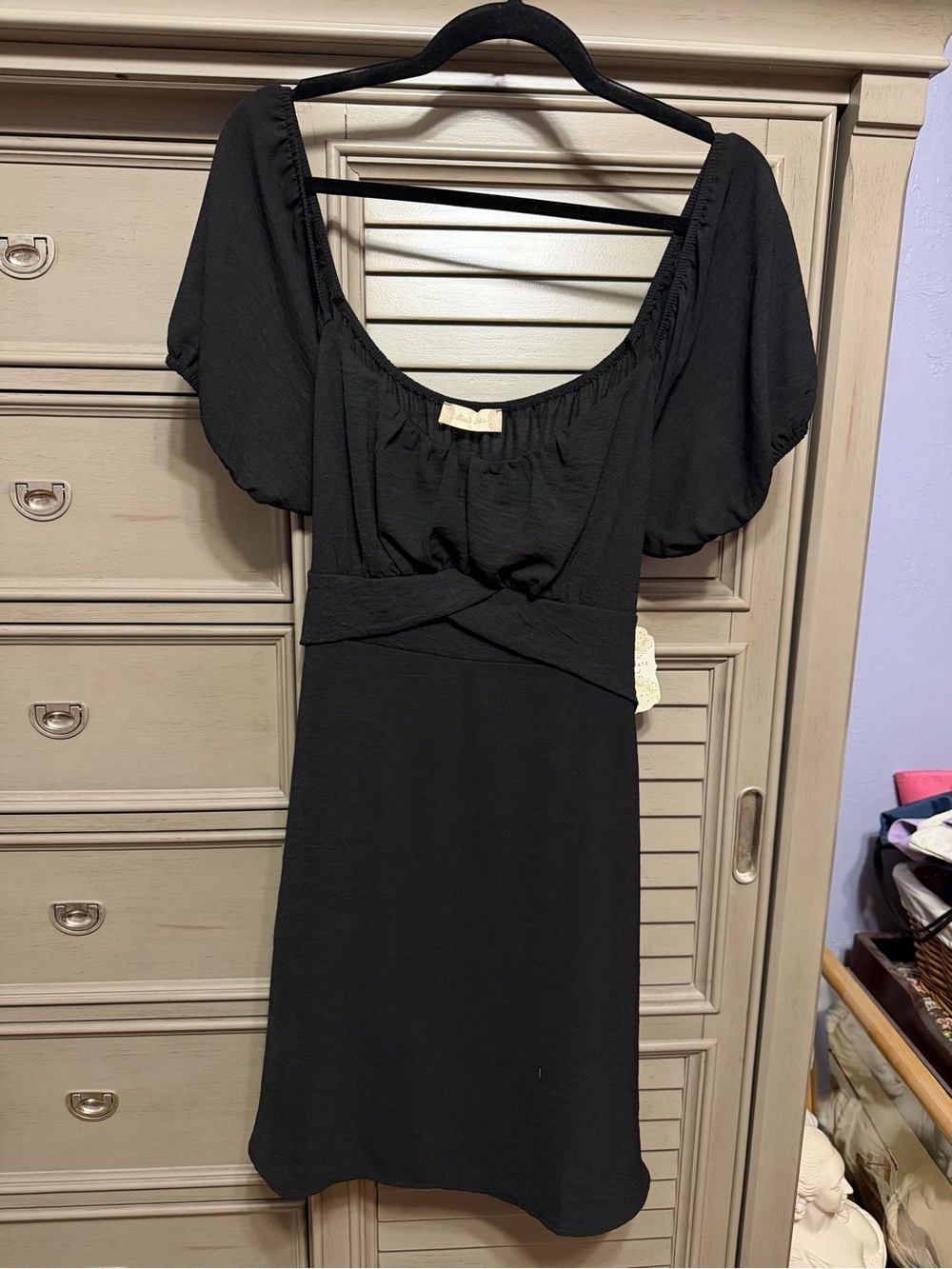 Altar'd State- Black Scoop Neck Short Puff Sleeve Mini Dress